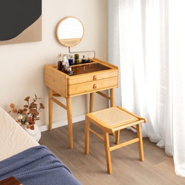 CHARMAID Makeup Vanity Table with Stool, Bamboo Vanity Desk with Rotating Mirror, 2 Drawers, Deep Storage Alcove, Tempered Glass Tabletop, Girls Dressing Table for Small Space Bedroom (Vanity Set)