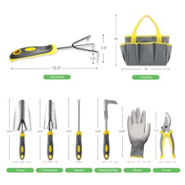 iPower Garden Tool Set, 8 Piece Heavy-Duty Stainless-Steel Garden Kit Includes Outdoor Hand Tools, Garden Gloves and Storage Tote Bag, Ergonomic Rubberized Non-Slip Handle