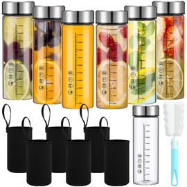Vesici 6 Pack Wide Mouth Glass Juice Bottles Glass Water Bottles with Lids and Sleeve for Juicing Smoothies Milk Protein Infused Water Reusable Leakproof Borosilicate Bottle (16 oz)