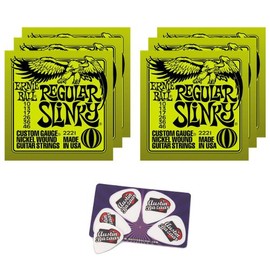 Ernie Ball 2221 Regular Slinky String Set (10-46) Electric Guitar Strings - 6 Pack with Picks