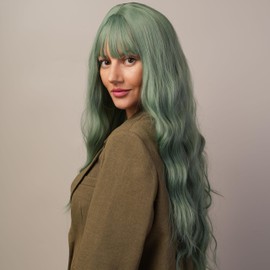 Stylophyx Cyan wig. A long curly wig with bangs for women. Made of glue-free and high-temperature resistant synthetic fiber. Suitable for cosplay, daily wear, and parties 31 inches