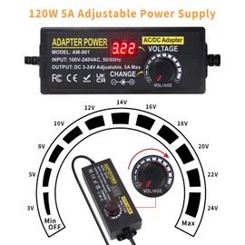 3V~24V 120W 5A Adjustable DC Power Supply AOYADAISU Universal Power Adapter with 14 Tips & Polarity Converter, 100-240V 50-60Hz Variable AC to DC Power Converter for LED Strip Light Camera 5000mA