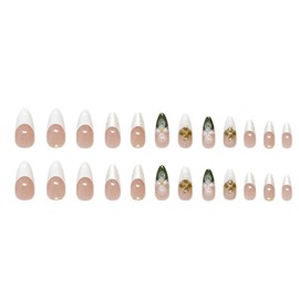 Hkanlre Almond Fake Nude Nails Tips Full Cover False Medium Nails Summer Flower Press on Nails for Women 24PCS