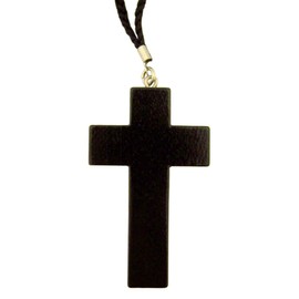 Religious Gifts Black Wood Latin Cross Pectoral Pendant on Cord Chain Necklace, 2 Inch