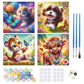 RICUVED Pack of 4 Animals Painting by Numbers from 5 6 7 Years Girls and Boys, Cute Animals Painting by Numbers for Children with Frame, 3 Brushes and Acrylic Paints, 20 x 20 cm