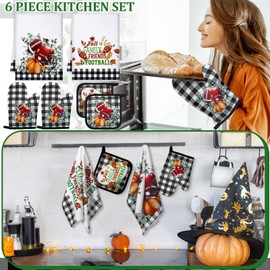 Leinuosen 6 Pack Fall Thanksgiving Kitchen Set with 2 Pcs Kitchen Football Dish Towel 2 Pcs Leaf Pot Holder and 2 Pcs Leaf Oven Mitt for Thanksgiving Kitchen Gifting Baking Cooking Accessories