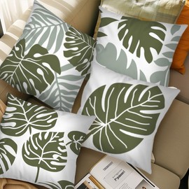 ZAWAZZA Green Throw Pillows for Couch Bed Decorative Throw Pillow Covers 18x18 Sage Leaves Set of 4 Velvet Pillowcases for Sofa Bedroom