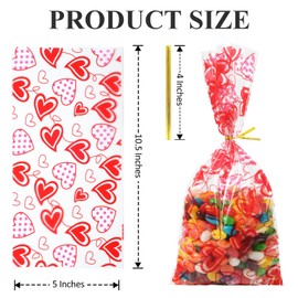50 Pack Valentine's Day Cellophane Bags with 50 Pcs Twist Ties Red Heart Cello Bags Sweet Goodie Candy Treat Bags Party Favor Bags for Wedding Anniversary Supplies