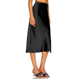 Women's Satin Skirt, Elastic Waistband, Long High Waist Skirt, Elegant Split Hem, Midi Skirt, Business Skirt, black