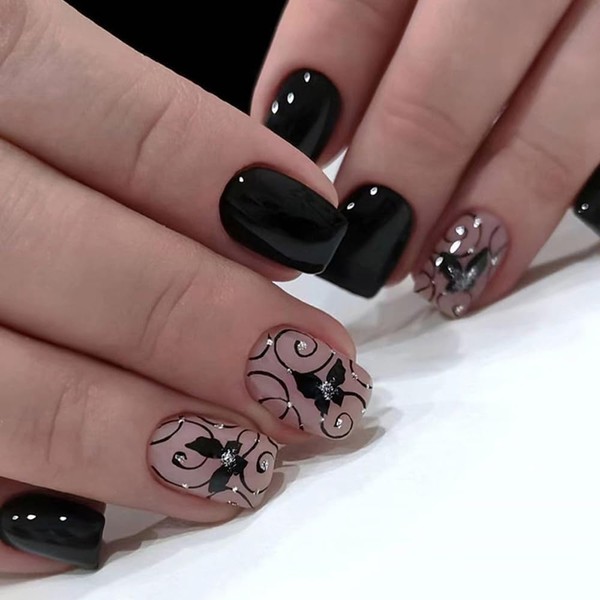 Black Press on Nails Short Square Fake Nails with Flower