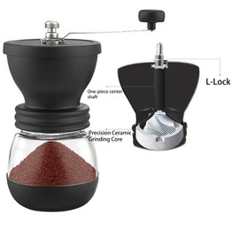Small Manual Coffee Grinder Set with Tapered Ceramic Burr, Coarse and Fine Adjustable Manual Coffee Bean Grinder with 2 Glass Coffee Cups, Brush and Spoon and 50PCS Disposable Coffee Filter Bags