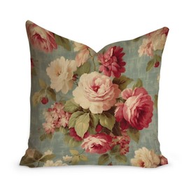 MangGou Pink Cabbage Roses Romantic Aqua Sofa Cushion Cover Cottage Chic Antique Pink Flower Square Throw Pillows Chinoiserie Asian Accent Pillow Double Side Print Pillow 16x16in White Linen