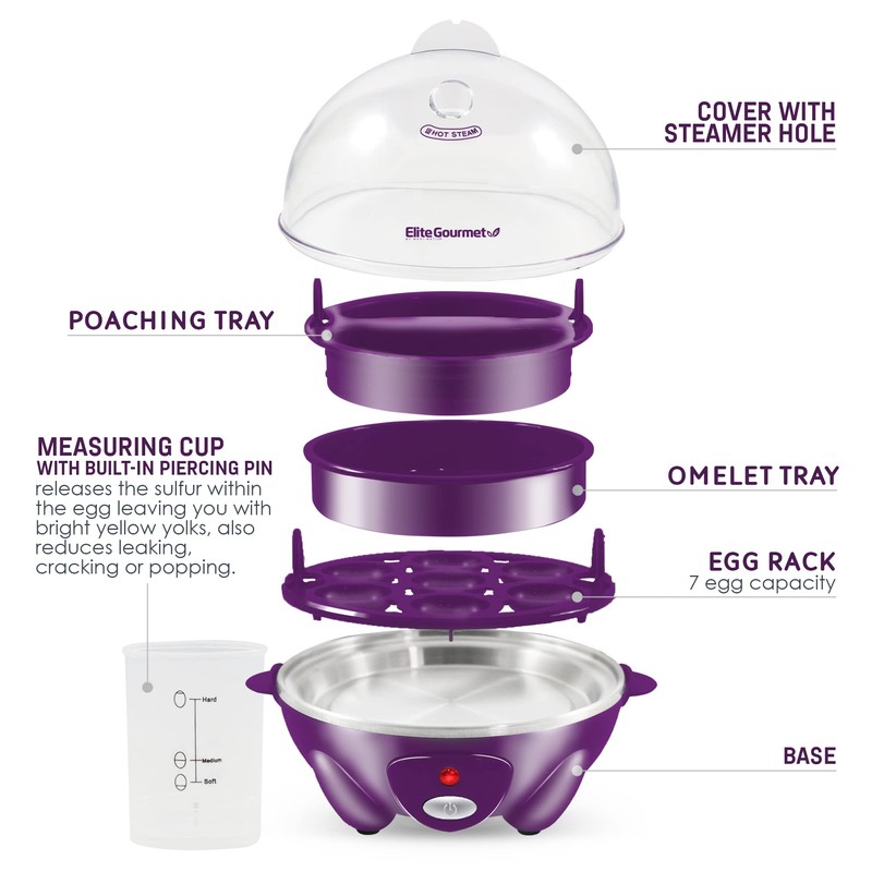 Elite Gourmet Easy Electric 7 Egg Capacity Cooker, Poacher, Omelet