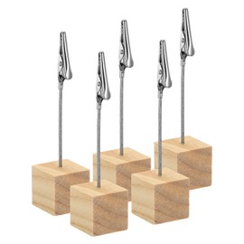 PATIKIL Place Card Holder, 5 Pack Memo Clip Holder Stand with Alligator Clasp Table Number Holders Wooden Base for Pictures Note Card Paper, Wood Color