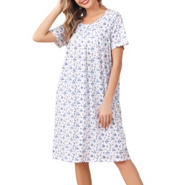 Vlazom Women's Nighties Button Front Long Nightdress Pleated Lace Nightgowns Luxury Soft Touch Nightgshirt with Pockets,Blue Flower,XXL