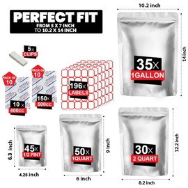 160 Mylar Bags with 160 Oxygen Absorbers-196 Labels & Stand-Up Reusable 4 Sizes Airtight Resealable Bags For Long Term with 5 Clips-11 MIL Large Mylar Bags For Food Storage
