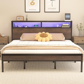 LoVinson Full Size Bed Frame with Charging Station, Metal Platform Bed Frame with LED Lights, Industrial Bed Frame with Headboard, Strong Metal Slats Support, Noise-Free, Easy Assembly, Grey