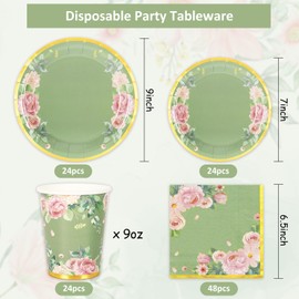 Whaline 120 Pcs Sage Green Flower Bridal Shower Plates Napkins Set for 24 Guests 24 9" Dinner Plates 24 7" Dessert Plate 24 9oz Cups 48 Luncheon Napkins for Bridal Shower Wedding Tea Party Supplies