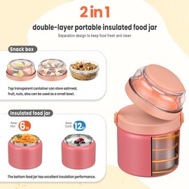 2-in-1 Insulated Thermo for Hot Food with Tritan Snack Box Container 13.5oz Food Jar for Kids Lunch Container Soup Thermal with Spoon Stainless Steel Wide Mouth Vacuum for School Office Travel
