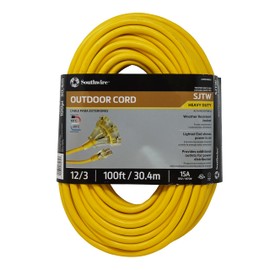Southwire Heavy Duty Extension Cord, 100ft, 12 Gauge, 3 Conductor, General Purpose Cord, Lighted End, SJTW, Yellow, 4189SW8802