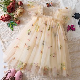 UUAISSO Tutu Dress for Toddlers Babies Sleeveless Tulle Dress Butterfly Embroidery Birthday Party Princess Summer Dress, champagne, 6-12 months