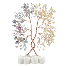 mookaitedecor Natural Citrine & Fluorite Crystal Tree with Double Heart Rock Quartz Crystal Cluster Stone Base Bonsai Money Tree of Life Home Wedding Decoration