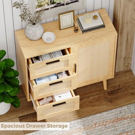 KFO Storage Cabinet, Rattan Sideboard Cabinet with 3 Drawers & Door, Wooden Buffet Cabinet for Living Room, Dining Room, Hallway, Kitchen, Entryway…