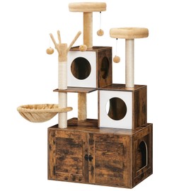 HOOBRO Cat Tree with Litter Box Enclosure, 2 Cat Houses and Platforms, Cat Tower for Indoor Cat, Hidden Litter Box Furniture, 2-in-1 Cat Condo with Hammocks, Scratching Posts, Rustic Brown FG37MZ03