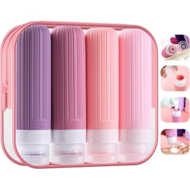 4 Pcs Botellas de Viaje,90 ml Botellas de Portátiles de Aprobadas por la TSA,Prueba de Fugas,Exprimibles,Sin BPA,Vontenedores de Viaje de Silicona con Bolsa de Aseo Transparente,Rosa