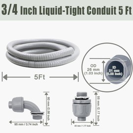 Feotech Liquid-Tight Conduit and Connector Kit - 3/4 Inch 5 FT Non Metallic Liquid Tight Electrical Conduit with 1 Straight and 1 Angle Fittings