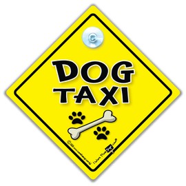 Dog Taxi Sign, Dog On Board Car Sign, Suction Cup Car Window Sign For Cannine Passengers, Yellow and Black Baby On Board Style Sign for Dogs in the Car