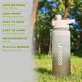 UNEEDEE Sports Water bottle 30oZ with Motivation and Time Marker, Leak-Proof, Tritan, BPA Free, Easy to open and carry (Light-pink Lid + Transparent bottle)