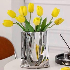 YIRANJIA Silver Ceramic Centerpiece | 16x10x20cm Minimalist Abstract for Living Room, Table Centrepiece Vase for Living Room, Bedroom, Dining Room, Wedding, Party