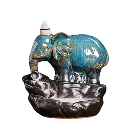 Kiss Me Backflow Incense Burner - Elephant Holder, Handmade Ceramic Waterfall Censer With 20 Cones, 30 Sticks, Tweezer, Mat for Meditation, Home Decor (Blue)