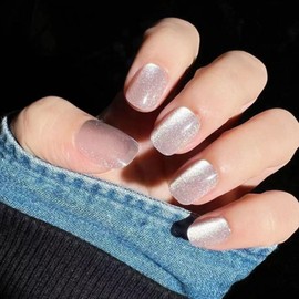 Nail Tips, Set of 24 False Nails, Short, Glitter, Gradient, Cat's Eye, 3D Glossy Nails, Finger Parts, Double-Sided Tape, 48 Sticks, File, Alcohol Pad Included, Magnet, Silver