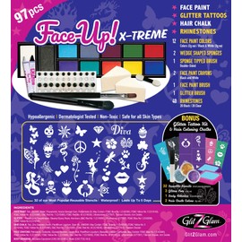 GlitZGlam Original XL Face Paint Kit – FACE-UP X-Treme: 97 Piece, 3in1 Face Paint, Glitter Tattoos with 32 Reusable Stencils, Rhinestones AND Hair Coloring Chalk. Hypoallergenic & Dermatologist-Tested