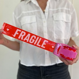 Fragile Packing Tape with Pink Dispenser – Please Be Gentle Red & Pink Design, 1.88" x 22.2 Yards – Packaging Tape for Moving Boxes, Small Business, and Mailers