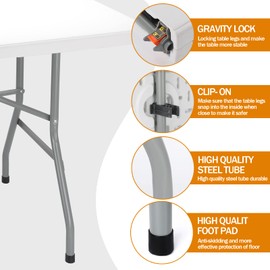 Lakhow Folding Table 6ft Plastic Table Indoor & Outdoor for Picnic, Camping,BBQ and Party, with Powder Coated Steel Legs and Built in Carry Handle, White