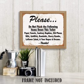 "Do Not Flush Down Toilet-Napkins, Bombs, Hope & Dreams"- Funny Vintage Bathroom Sign- 8 x 10" Distressed Wall Art-Ready to Frame. Retro Bathroom Décor. Perfect Addition For Bar-Man Cave-Restaurants.