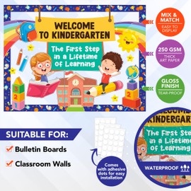 Decorably 49 Pcs Cutouts Inspirational Chalkboard Theme Welcome to Kindergarten Bulletin Board Set with Borders - Gloss-Laminated Cardstock for Classroom, School Hallways