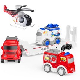 GizmoVine Car Transporter Toy, Truck, Tow Truck with 1 Ambulance, 1 Fire Engine, 1 Helicopter, Friction Car, Three Warning Tones, Gifts for Children from 2 3 4 5 6 Years