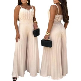 CHICME Women’s V Neck Spaghetti Strap Jumpsuits Wide Leg Pleated Pants Summer Cami Overalls-AP-L Apricot