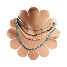 Andelaisi Boho Layered Seed Bead Necklace Choker Blue Rice Bead Chain Necklace Mix Color Bead Choker Necklace Vintage Tiny Beaded Chain Necklace Jewelry for Women