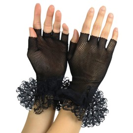 ToBeInStyle Women’s Whimsical Lace Ruffle Wrist Trim Fishnet Fingerless Gloves - Black