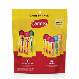Carmex Daily Care y Daily Care Minis Paquete de Bálsamo Labial Hidratante, SPF 15, Bolsa de Paquete Variado de Cuidado Labial Multi-Sabor, 8 Unidades (3 Tubos, 5 Mini Tubos)