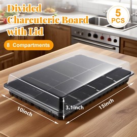 Shellwei 5 Pack Extra Large Divided Catering Trays with Lids 15 x 10 Inch Charcuterie Board with Lid 8 Compartments Reusable Plastic Tiramisu Catering Trays Serving Platter for Travel Picnic Party