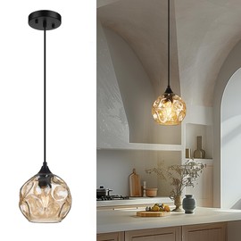 Emliviar 7 Inch Adjustable Mini Chandelier, Round Ceiling Pendant Lighting Fixture with Hammered Glass, Amber Finish, DYE287G2-MIL BK