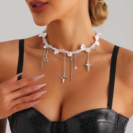 Danshinbow Choker Necklace with Tassel Crystal Beads Cross Star Pendant Necklaces Adjustable Jewelry for Women Zinc, Zinc