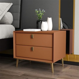 CODOMI Side Table, Mid Century End Table with 2 Drawers Modern Leather Nightstand Bed Side Table Wood Accent Table for Bedroom Living Room Cabinet Storage, Orange 22" L x 16" W x 18.5" H