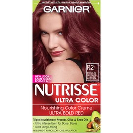 Garnier Nutrisse Ultra Color Nourishing Permanent Hair Color Cream, R2 Medium Intense Auburn (1 Kit) Red Hair Dye (Packaging May Vary), Pack of 1
